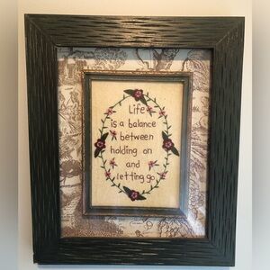 EUC Beautiful dark green framed embroidered message art with antique frame inset